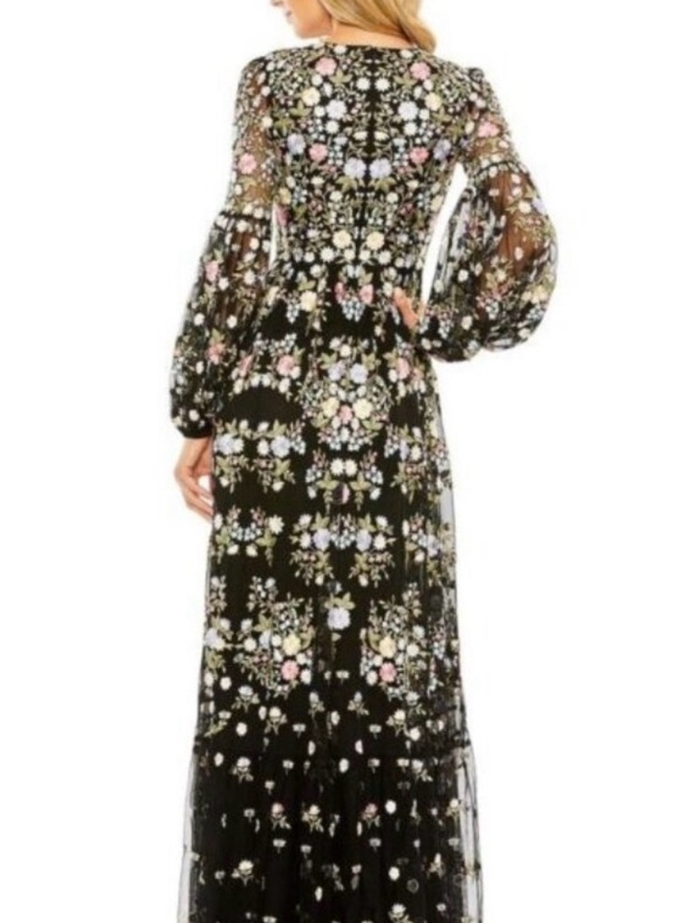 Mac Duggal Black Maxi Dress with Pastel Floral Embroidery